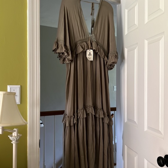 Easel Faded Olive Button Down Wing Sleeve Rayon Gauze Ruffled Edges Maxi Dress - Picture 6 of 8